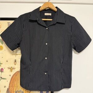 A Bronze Age Women's Black Pinstripe Short Sleeve Button-Up Top